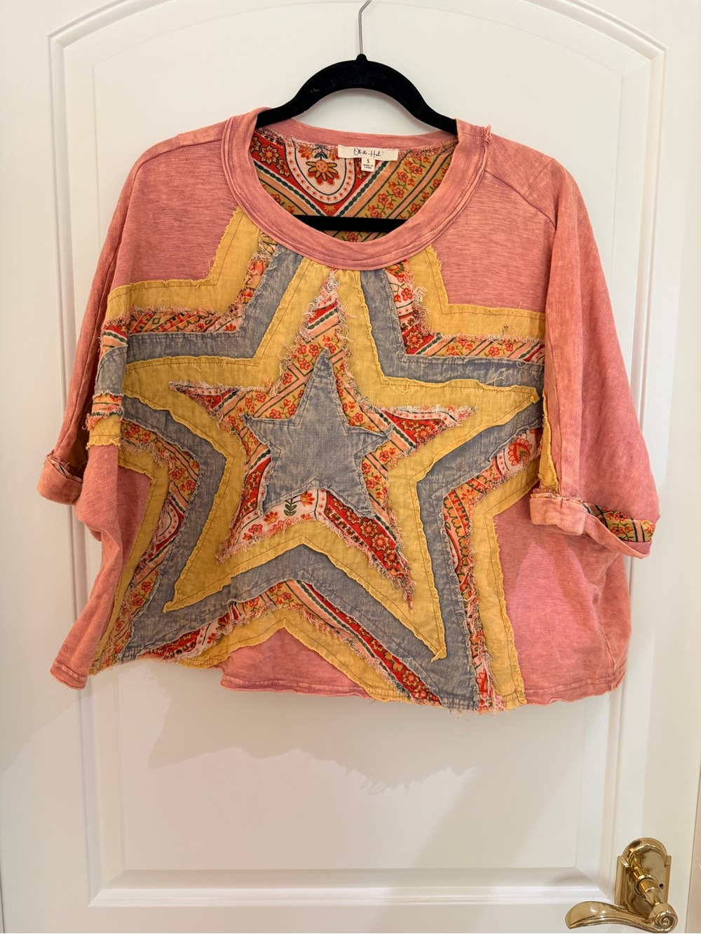 Oli & Hali Coral Pink Star Appliqué Sweatshirt with Yellow & Gray Accents